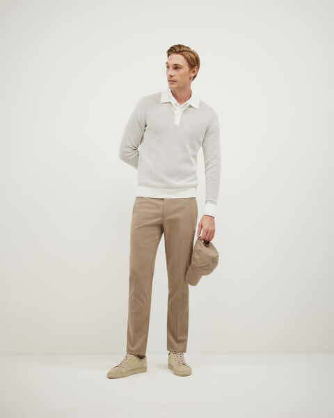 Two-Toned Long Sleeve Knit Polo, Bone, hi-res